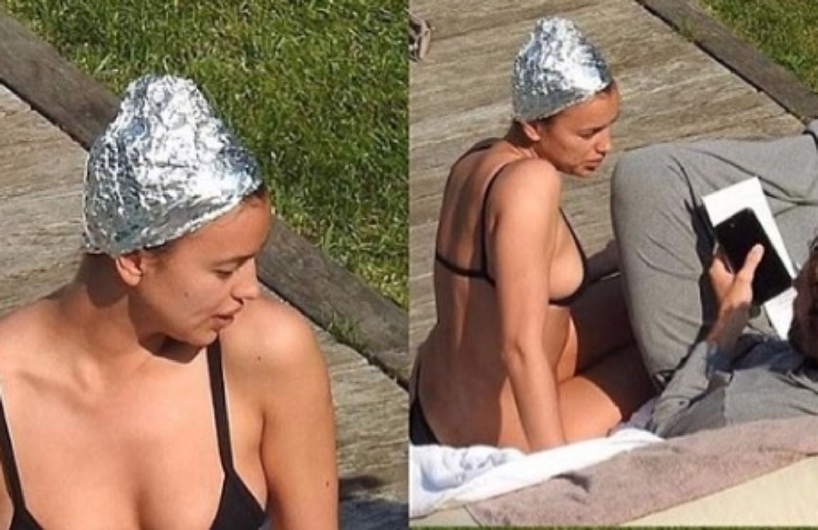 Irina Shayk: turbante di carta stagnola per proteggere i capelli dal sole