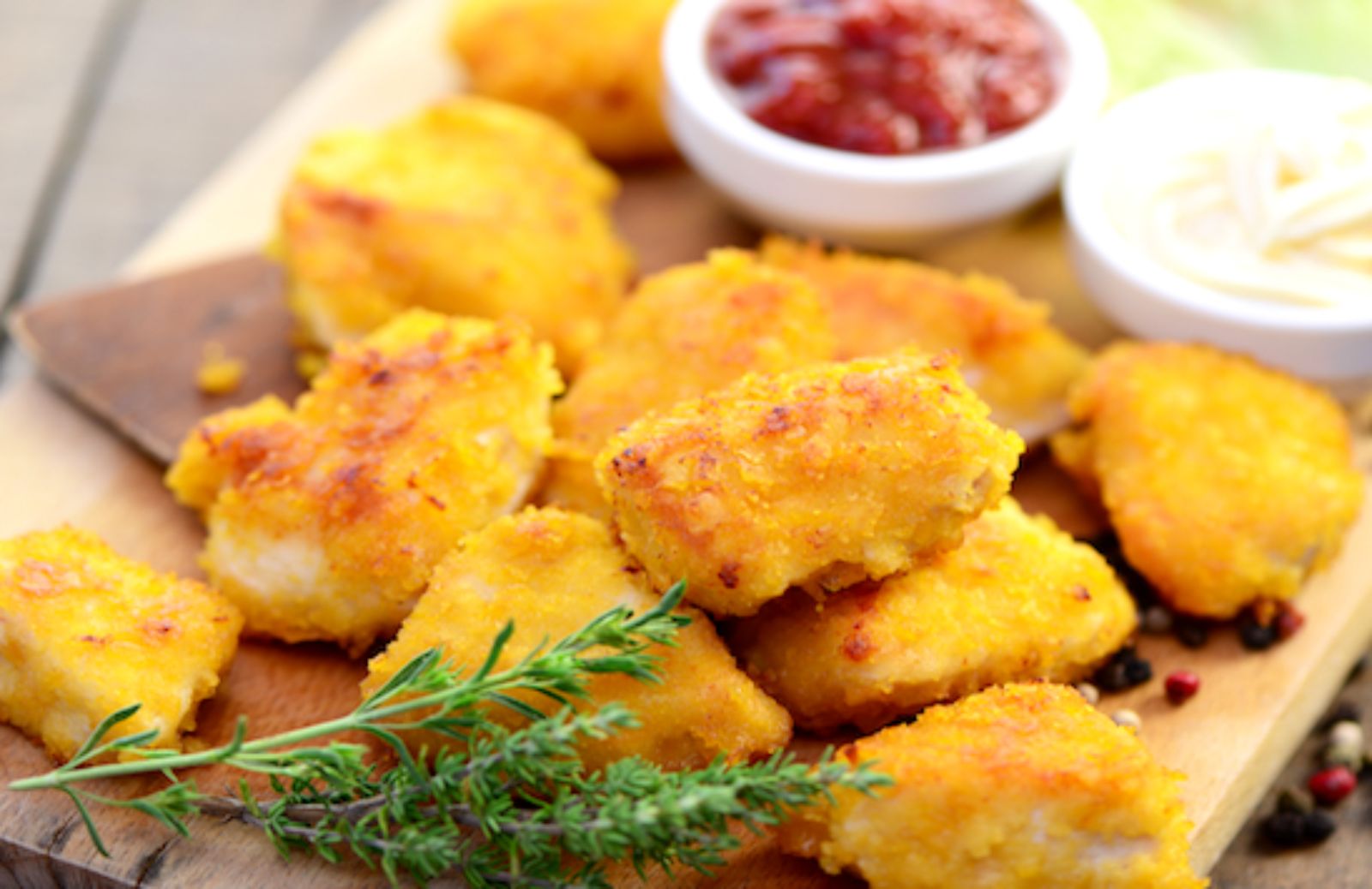 Stuzzichini da partita: nugget di pollo con salse tricolore