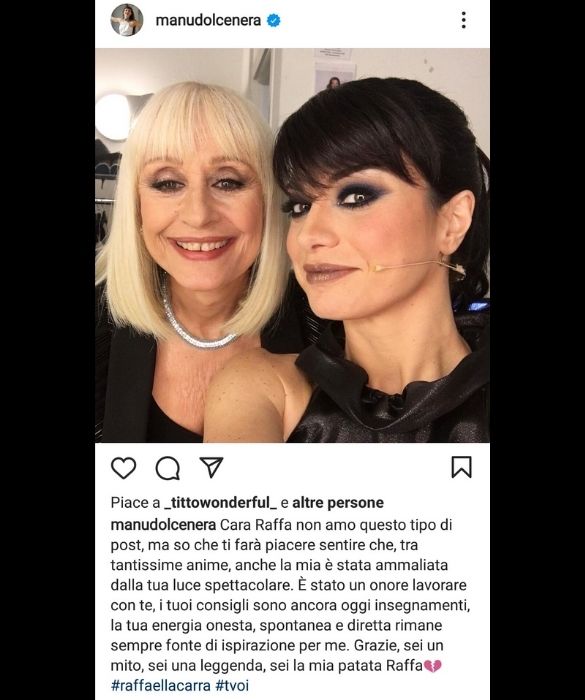 <p><strong>Dolcenera</strong> ha ripensato ai momenti trascorsi con la cantante e showgirl durante The Voice of Italy, e agli insegnamenti che quell’esperienza vissuta insieme le ha trasmesso: “Tra tantissime anime, anche la mia è stata ammaliata dalla tua luce spettacolare. È stato un onore lavorare con te, i tuoi consigli sono ancora oggi insegnamenti, la tua energia onesta, spontanea e diretta rimane sempre fonte di ispirazione per me. Grazie, sei un mito, sei una leggenda”.</p>
