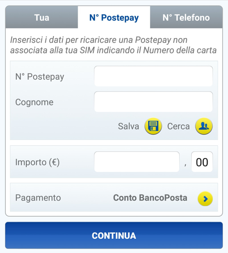 ricarca postepay da app