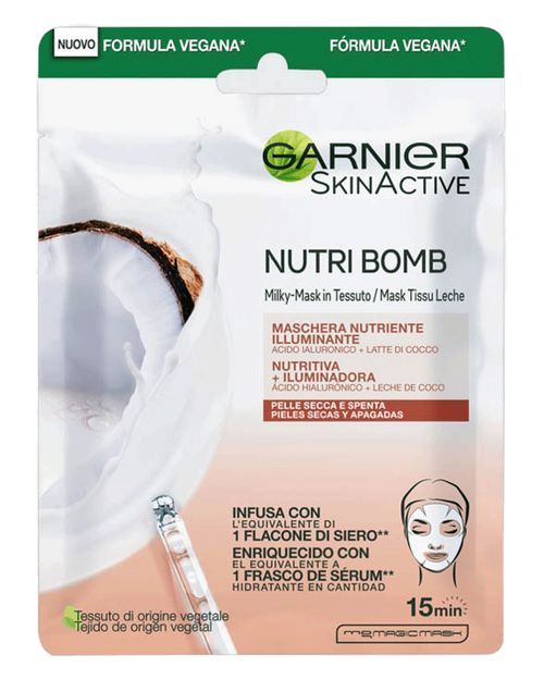 Garnier - Maschera in Tessuto Latte di Cocco e Acido Ialuronico Nutriente Illuminante per Pelli Secche e Molto Secche